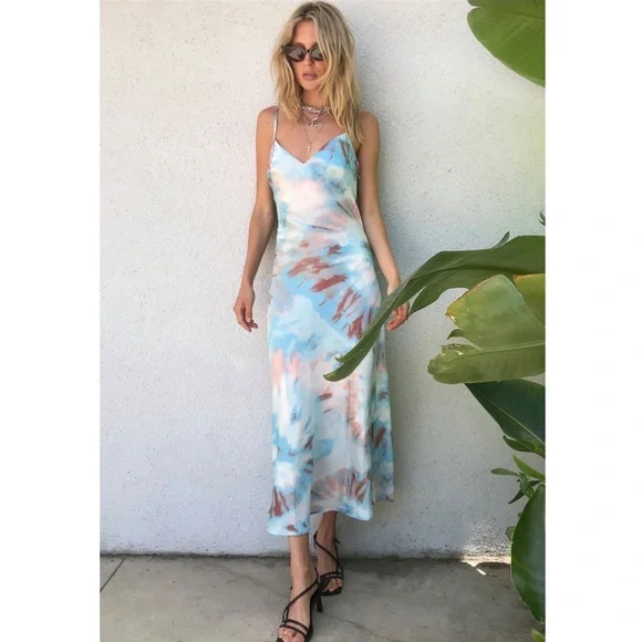 blue tie dye slip dress LEDIM W Blue tie dye sequined slip cocktail slit dress